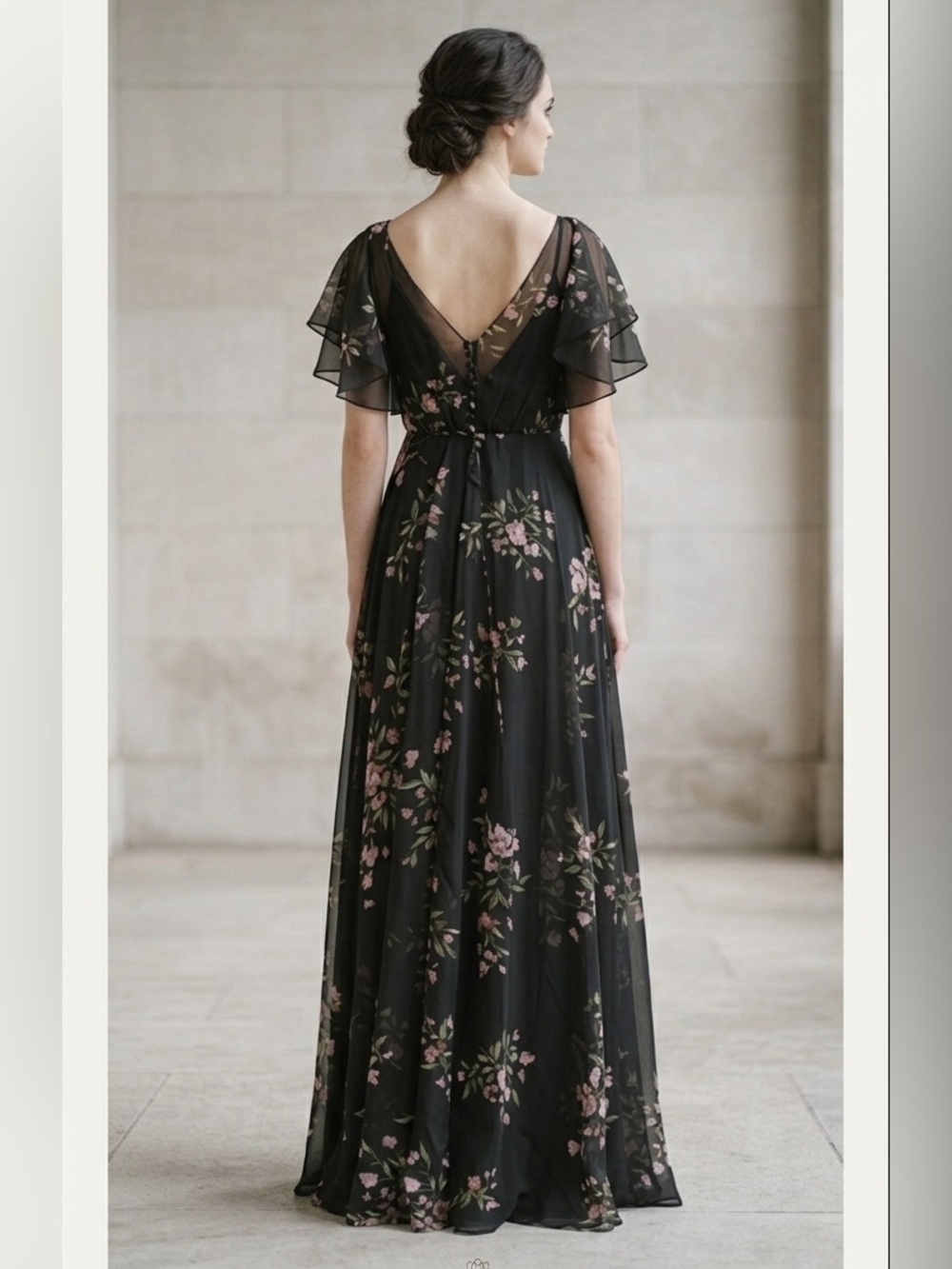 Jenny Yoo Cassie
Flutter Sleeve
Surplice Gown
Black with Floral Pattern. - Picture 4 of 16